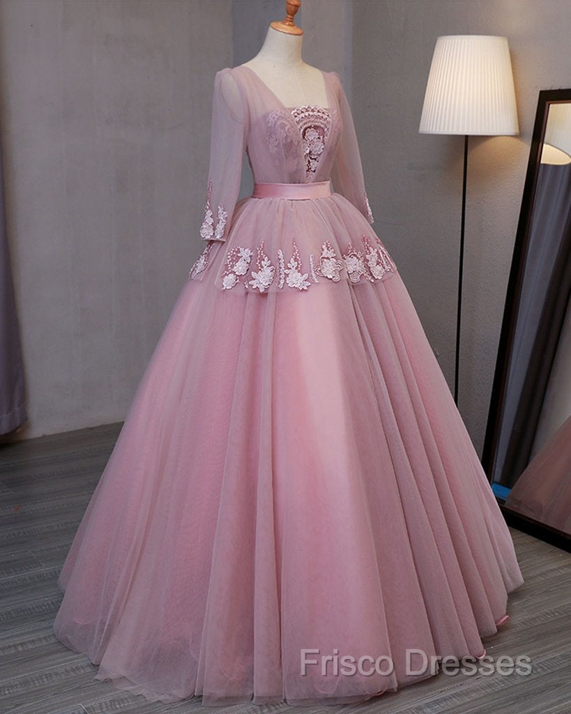 Dark Pink V-Neckline Ball Gown Lace Applique Sweet 16 Dress, Pink Formal Prom Dress Party Dress