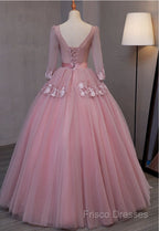 Dark Pink V-Neckline Ball Gown Lace Applique Sweet 16 Dress, Pink Formal Prom Dress Party Dress