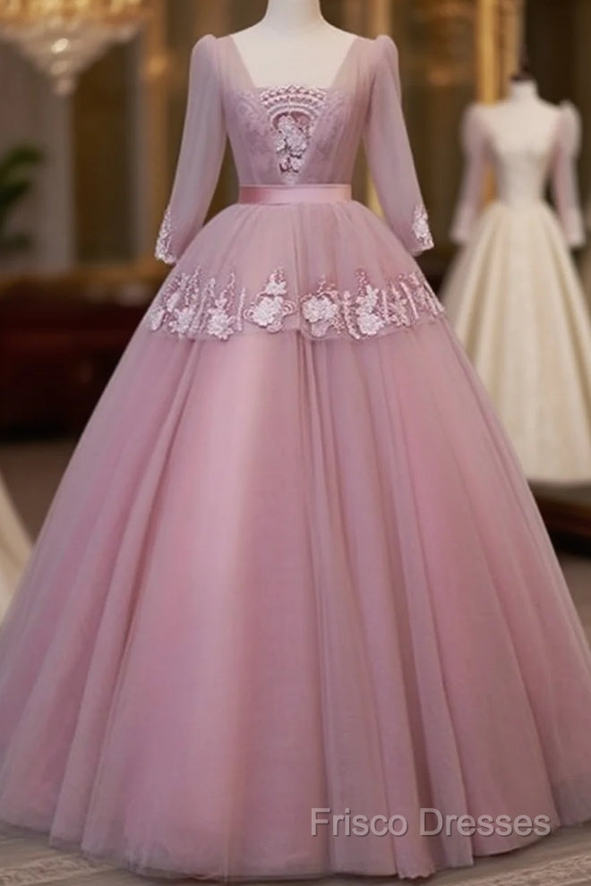 Dark Pink V-Neckline Ball Gown Lace Applique Sweet 16 Dress, Pink Formal Prom Dress Party Dress Main image