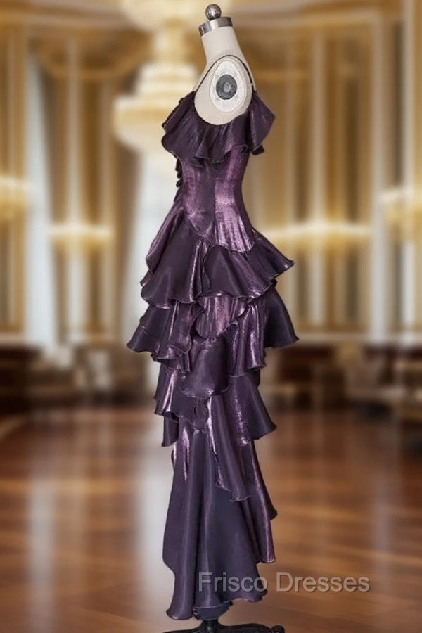 Dark Purple Asymmetrical Layered Flounce Spaghetti Strap Dress Evening Gown Main image