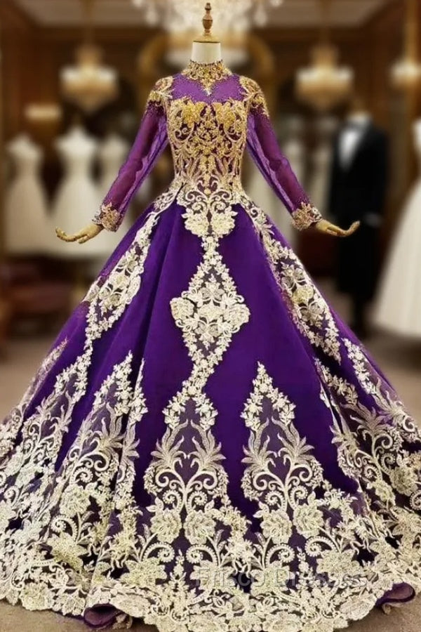 Dark Purple Ball Gown Tulle Long Sleeve High Neck Wedding Dress Main image