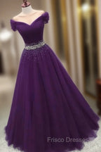 Dark Purple Beaded Tulle Off Shoulder Party Dress Purple Junior Formal Prom Dress Formal Prom Dress shops