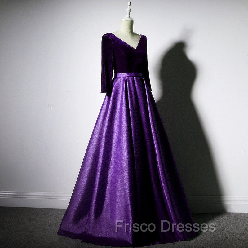Dark Purple Long Sleeves V-neckline Velvet and satin Long Party Dress, Long Evening Dress Formal Prom Dress Secondary image