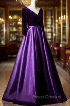 Dark Purple Long Sleeves V-neckline Velvet and satin Long Party Dress, Long Evening Dress Formal Prom Dress