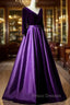 Dark Purple Long Sleeves V-neckline Velvet and satin Long Party Dress, Long Evening Dress Formal Prom Dress