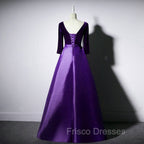 Dark Purple Long Sleeves V-neckline Velvet and satin Long Party Dress, Long Evening Dress Formal Prom Dress