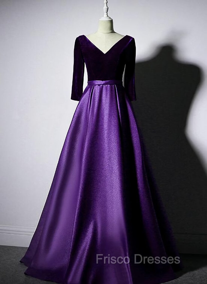 Dark Purple Long Sleeves V-neckline Velvet and satin Long Party Dress, Long Evening Dress Formal Prom Dress Main image