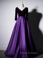 Dark Purple Long Sleeves V-neckline Velvet and satin Long Party Dress, Long Evening Dress Formal Prom Dress