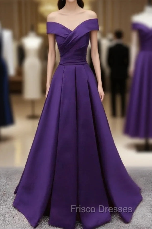 Dark Purple Off Shoulder Satin Long Formal Gown, Formal Prom Dress Main image