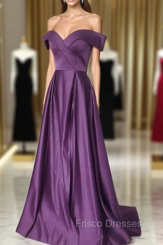 Dark Purple Satin Off Shoulder Long Formal Dress, Purple Evening Dress Formal Prom Dress