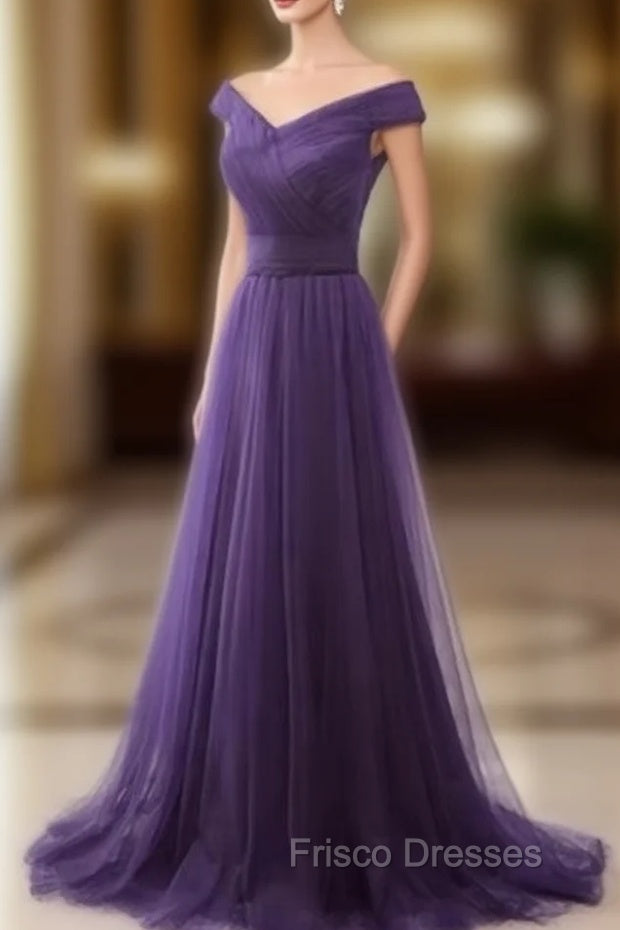 Dark Purple Sweetheart Tulle Off Shoulder Bridesmaid Dress, Long Formal Prom Dress