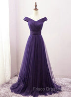 Dark Purple Sweetheart Tulle Off Shoulder Bridesmaid Dress, Long Formal Prom Dress