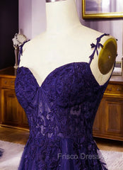 Dark Purple Sweetheart Tulle with Lace Straps Party Dress, Dark Purple Formal Prom Dress