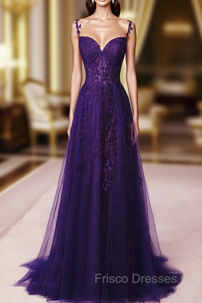 Dark Purple Sweetheart Tulle with Lace Straps Party Dress, Dark Purple Formal Prom Dress Main image