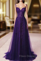 Dark Purple Sweetheart Tulle with Lace Straps Party Dress, Dark Purple Formal Prom Dress