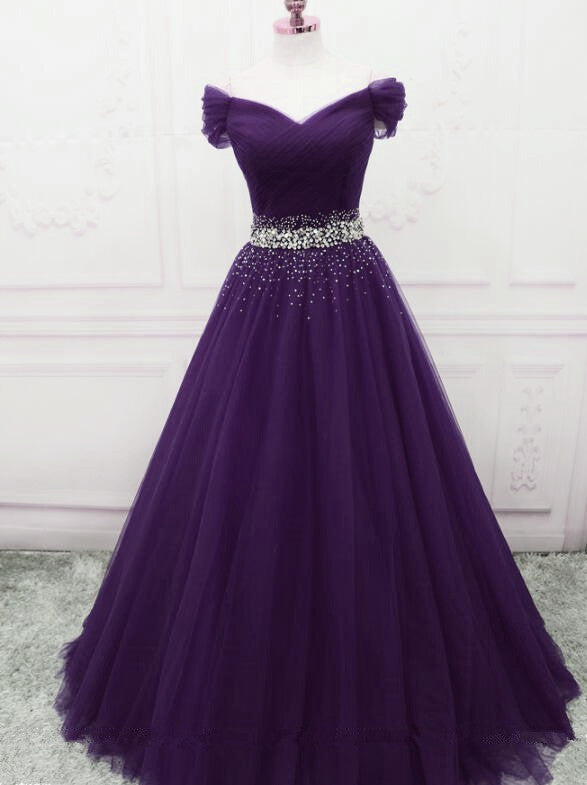Dark Purple Tulle Beaded Off Shoulder Party Dress, Purple A-Line Prom Dress Secondary image