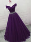 Dark Purple Tulle Beaded Off Shoulder Party Dress, Purple A-Line Prom Dress