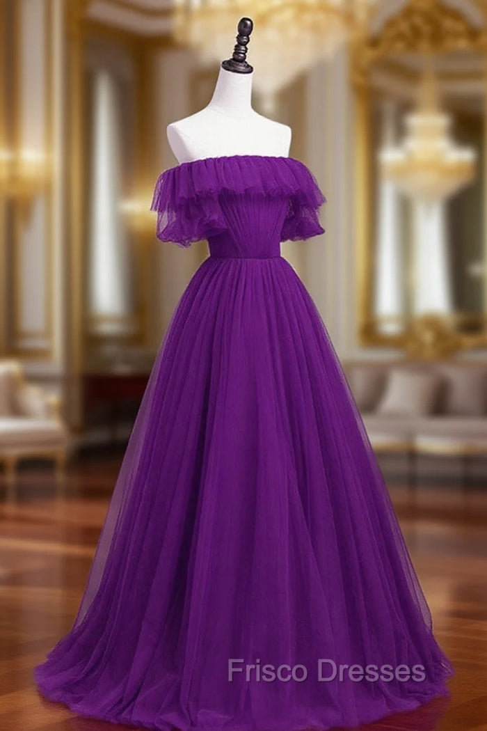 Dark Purple Tulle Off Shoulder Long Party Dress, A-line Purple Formal Prom Dress Main image
