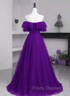 Dark Purple Tulle Off Shoulder Long Party Dress, A-line Purple Formal Prom Dress