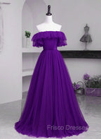 Dark Purple Tulle Off Shoulder Long Party Dress, A-line Purple Formal Prom Dress