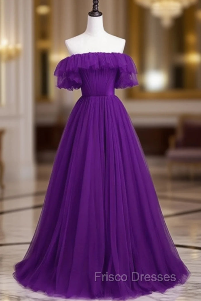 Dark Purple Tulle Off the Shoulder Pleats Formal Prom Dress Main image