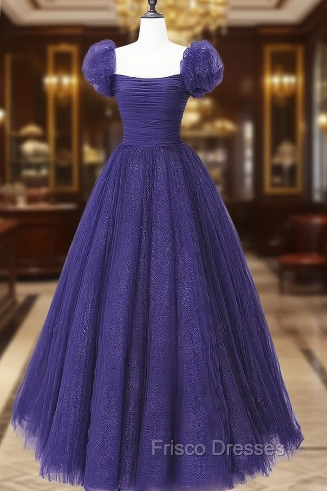 Dark Purple Tulle Scoop A-line Long Formal Dress, Dark Purple Evening Dress Formal Prom Dress