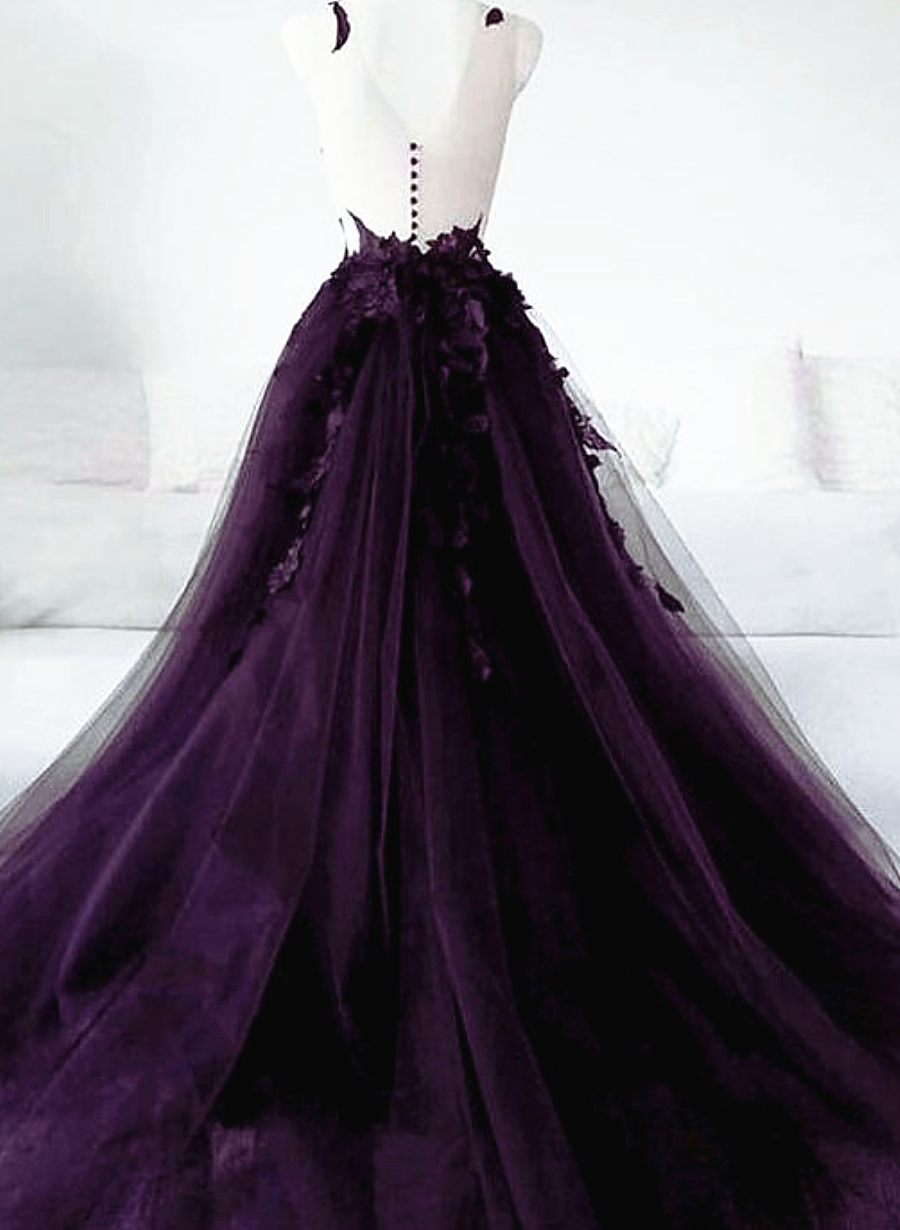 Dark Purple Tulle With Lace Applique Formal Dress, Purple Evening Dress Secondary image