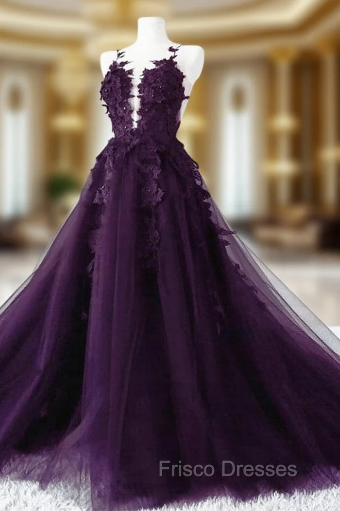 Dark Purple Tulle with Lace Applique Formal Dress, Purple Evening Dress