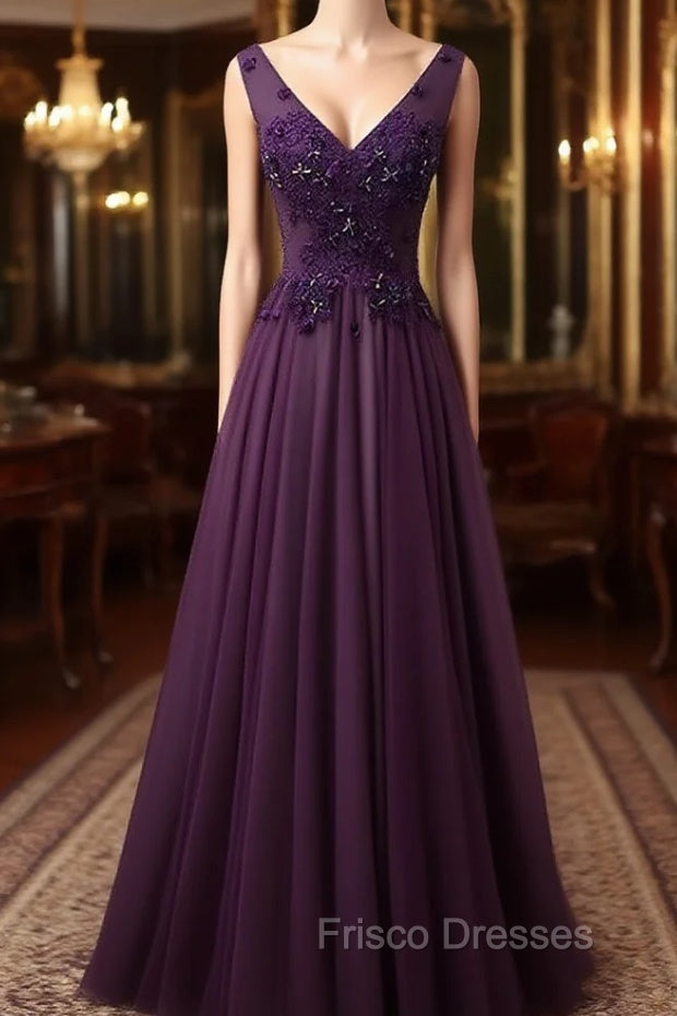 Dark Purple V-neckline Beaded Tulle Long Formal Dress Purple Evening Dress Formal Prom Dress shops Main image