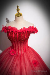 Dark Red Beading Prom Dress With Corset, Off The Shoulder Short Sleeve Floor-Length Party Dress