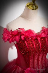 Dark Red Beading Prom Dress With Corset, Off The Shoulder Short Sleeve Floor-Length Party Dress