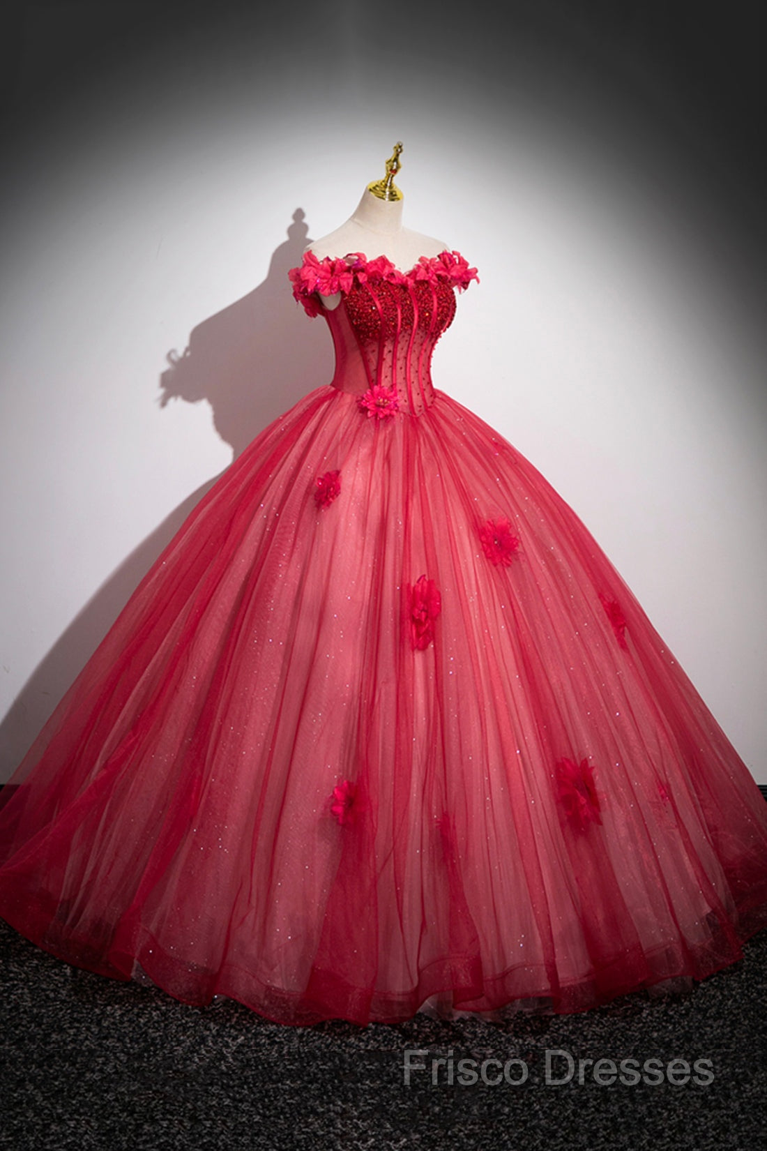 Dark Red Beading Formal Prom Dress With Corset, Off The Shoulder Short Sleeve Floor-Length Party Dress