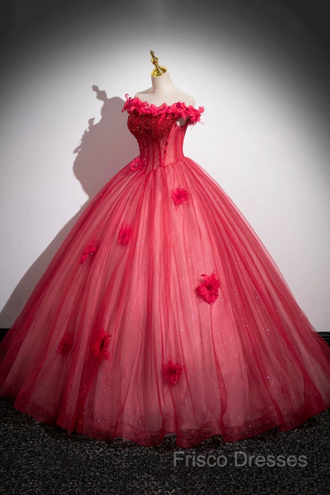 Dark Red Beading Formal Prom Dress With Corset, Off The Shoulder Short Sleeve Floor-Length Party Dress