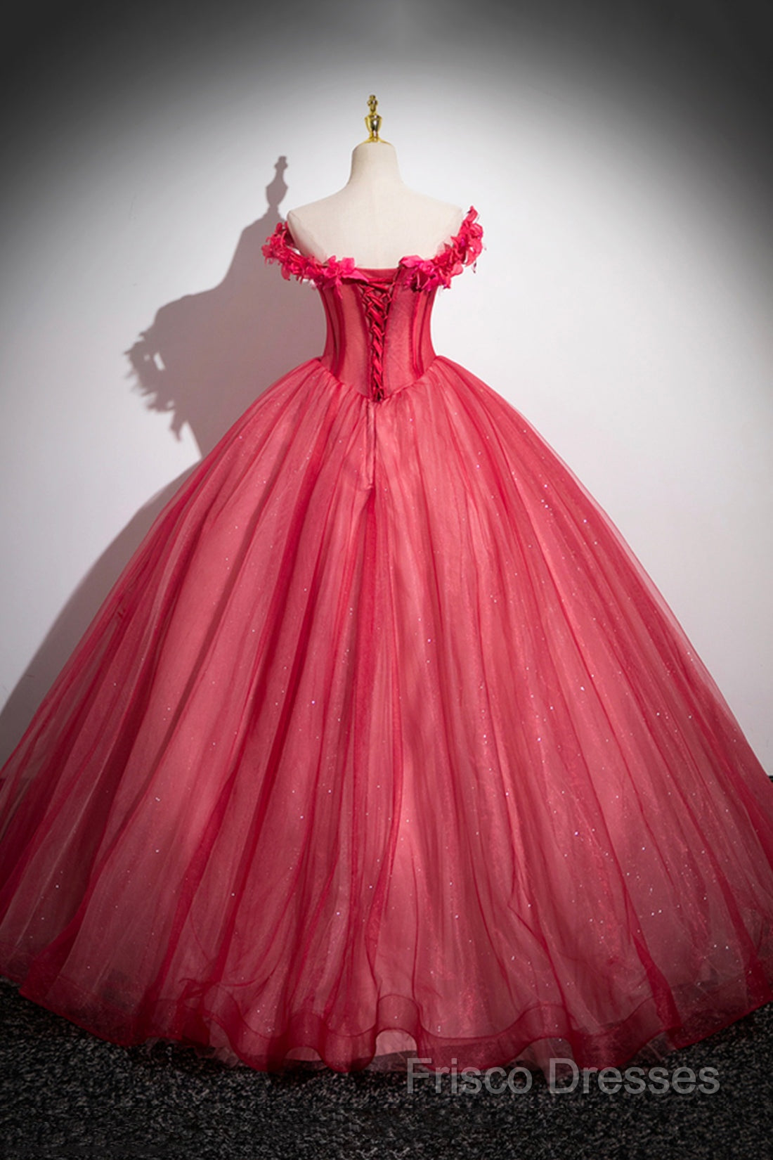 Dark Red Beading Formal Prom Dress With Corset, Off The Shoulder Short Sleeve Floor-Length Party Dress