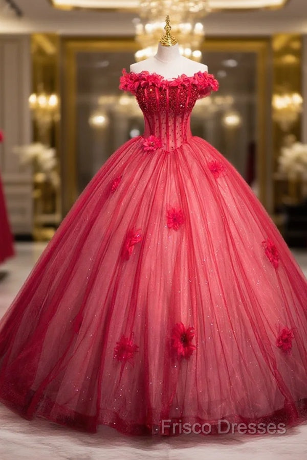 Dark Red Beading Formal Prom Dress With Corset, Off The Shoulder Short Sleeve Floor-Length Party Dress