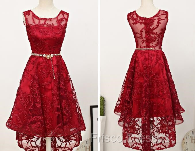 Dark Red High Low Lace Party Dress Homecoming Dress, Red Short Formal Prom Dress Secondary image