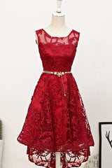 Dark Red High Low Lace Party Dress Homecoming Dress, Red Short Prom Dress
