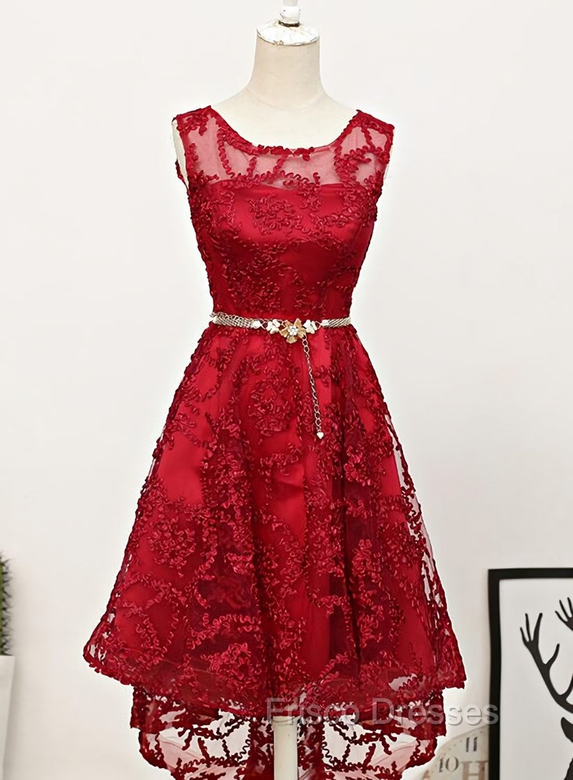 Dark Red High Low Lace Party Dress Homecoming Dress, Red Short Formal Prom Dress Main image