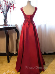 Dark Red Lace Long Junior Formal Prom Dress, Lace Top Party Dress
