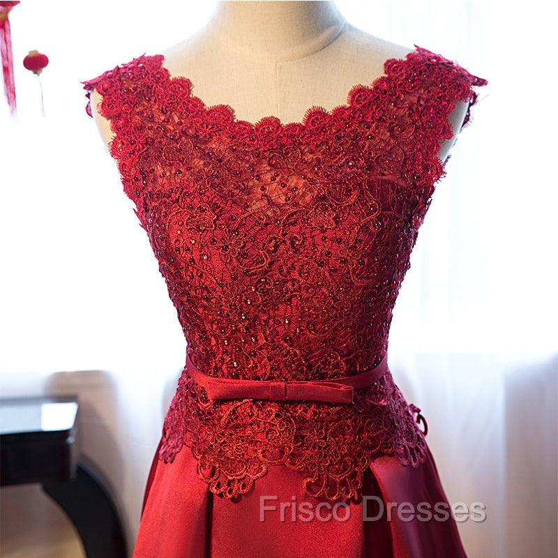 Dark Red Lace Long Junior Formal Prom Dress, Lace Top Party Dress