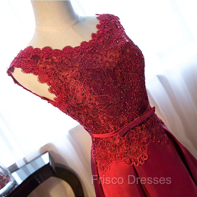 Dark Red Lace Long Junior Formal Prom Dress, Lace Top Party Dress