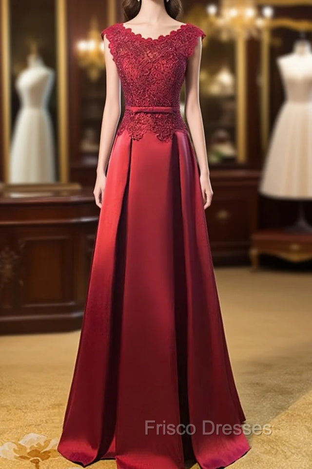Dark Red Lace Long Junior Formal Prom Dress, Lace Top Party Dress Main image