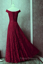Dark Red Lace Off Shoulder Bridesmaid Dress, Long Formal Prom Dress
