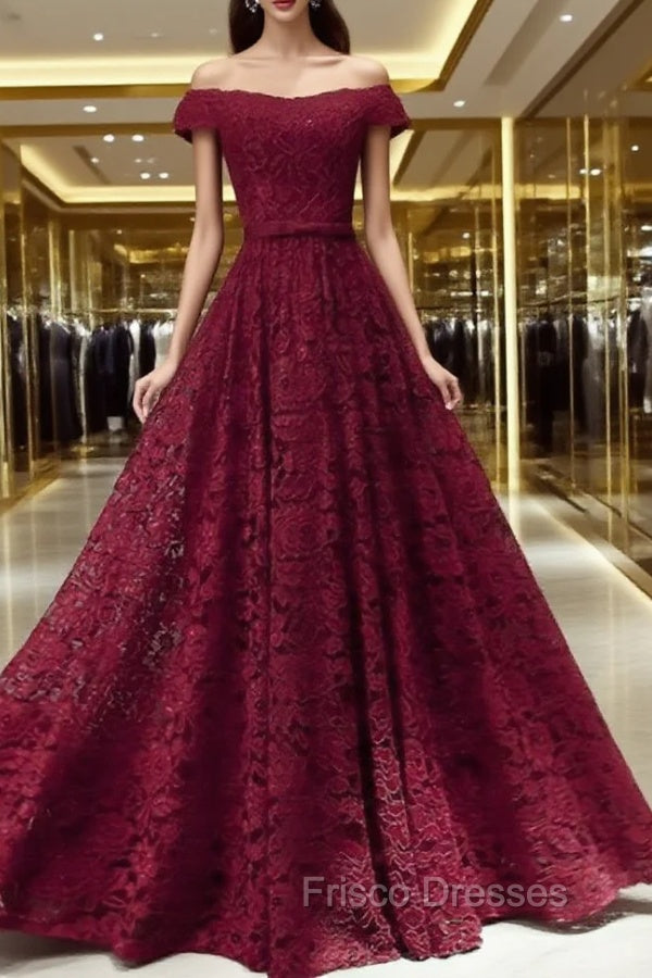Dark Red Lace Off Shoulder Bridesmaid Dress, Long Formal Prom Dress Main image