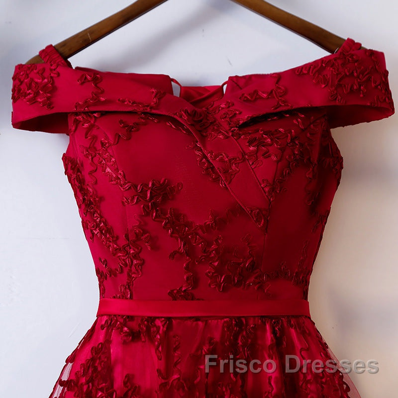 Dark Red Lace Off Shoulder Short Party Dress Formal Dress, Wine Red Homecoming Dress