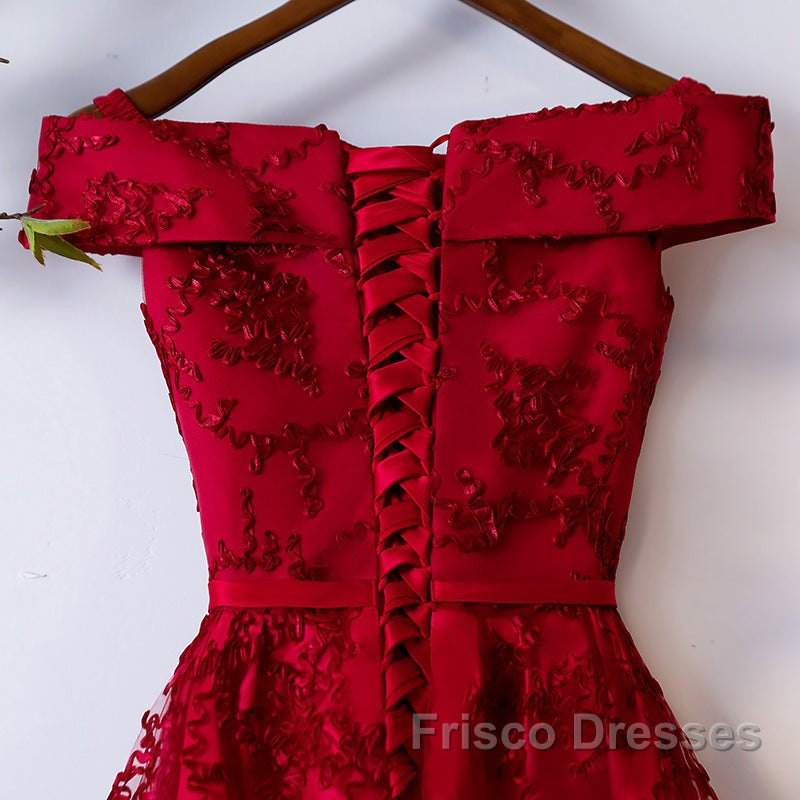 Dark Red Lace Off Shoulder Short Party Dress Formal Dress, Wine Red Homecoming Dress
