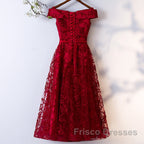 Dark Red Lace Off Shoulder Short Party Dress Formal Dress, Wine Red Homecoming Dress