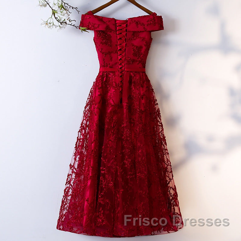 Dark Red Lace Off Shoulder Short Party Dress Formal Dress, Wine Red Homecoming Dress
