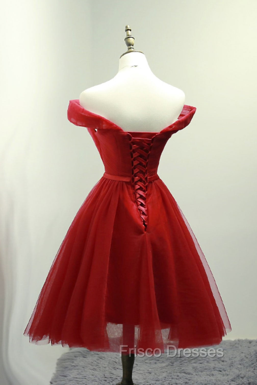 Dark Red Off the Shoulder Tulle Knee Length Party Dress, Red Homecoming Dress Secondary image