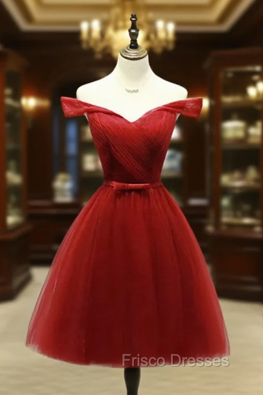 Dark Red Off the Shoulder Tulle Knee Length Party Dress, Red Homecoming Dress Main image
